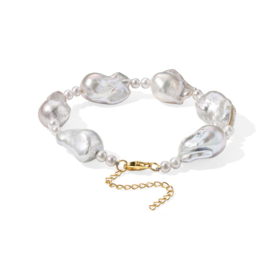 D'Joy Weiße Barockperle, Zhuji Akoya-Perle (4-5mm) Armband ca. 20 cm 925 Silber Vergoldet