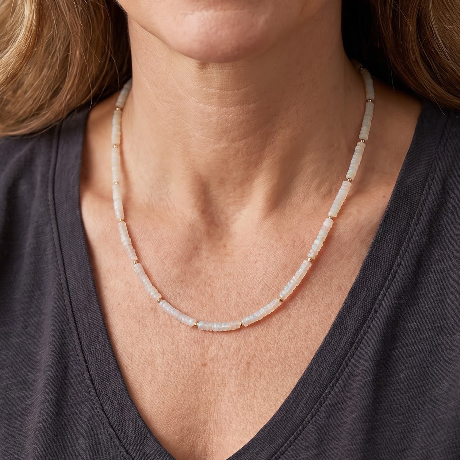 D'Joy Natürlicher, äthiopischer Welo Opal Halskette ca. 45 cm 925 Silber 750 Gelbgold vermeil (08-10 Werktage Lieferzeit) ca. 30,00 ct.