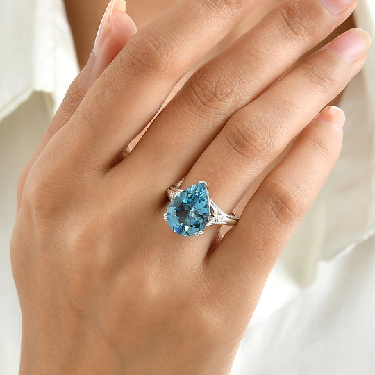 D'Joy London Blau Topas, Weißer Diamant Ring 925 Silber Rhodiniert (Größe 20.00) ca. 9,59 ct