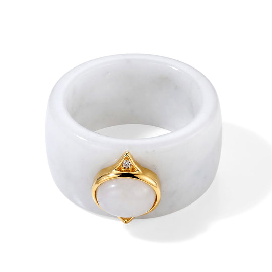 D'Joy EXTREM SELTEN Natürliche Weiße Jadeit Jade, Moissanit Ring 925 Silber Vergoldet (Größe 20.00) ca. 30.01 ct