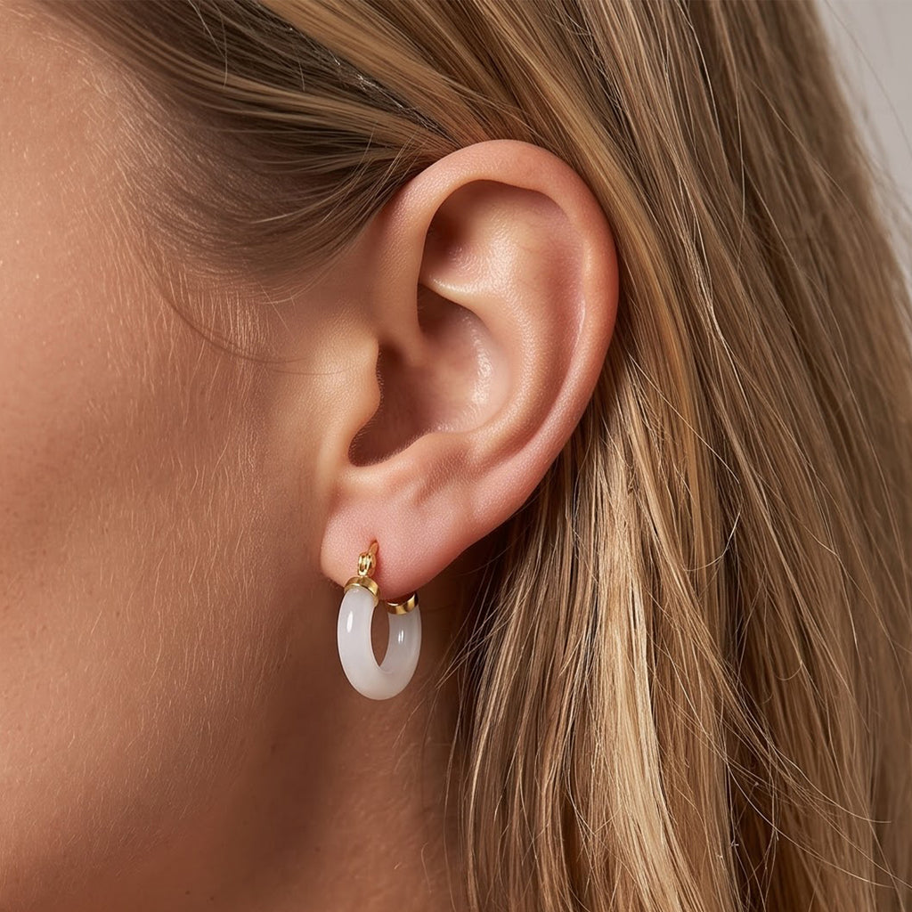 EXTREM SELTEN Natürliche Weiße Jadeit Jade Ohrringe 925 Silber Vergoldet ca. 28.00 ct