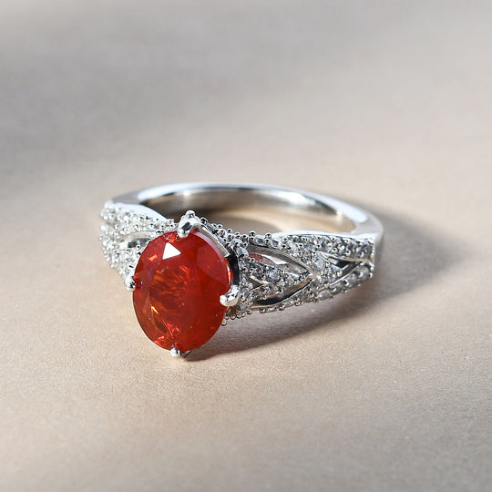 Mexikanischer Feuer opal und Zirkon Ring 925 Silber platiniert (Größe 16.00) ca. 2,30 ct