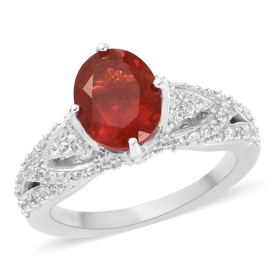 Mexikanischer Feuer opal und Zirkon Ring 925 Silber platiniert (Größe 16.00) ca. 2,30 ct