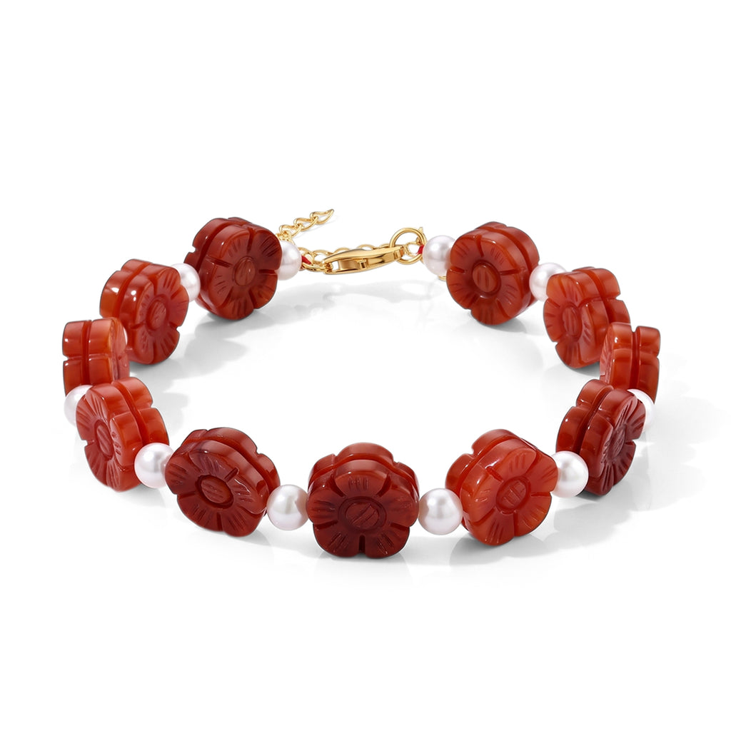 D'Joy Rote Jade, Chinesische Akoya-Perle (5-6mm) Armband (4-5 Werktage Lieferzeit) ca. 20 cm 925 Silber Vergoldet 80.01 ct