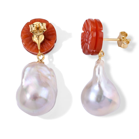D'Joy Rote Jade, Weiße Barockperle Ohrringe 925 Silber Vergoldet