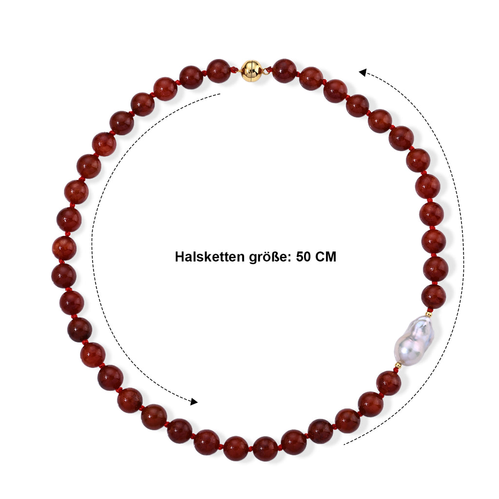 D'Joy Rote Jade, Weiße Barockperle Halskette (4-5 Werktage Lieferzeit) ca. 50 cm 925 Silber Vergoldet 320.01 ct