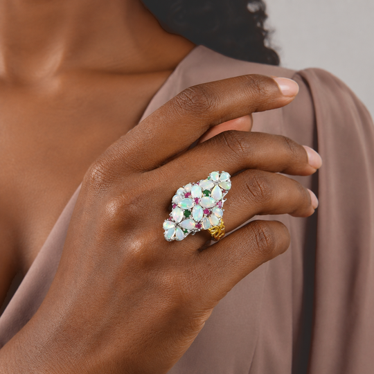 D'Joy AAA Natürlicher, äthiopischer Welo Opal Ring 925 Silber Rhodiniert und 750 Gelbgold Vermeil (Größe 19.00) ca. 6,04 ct