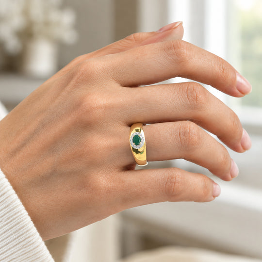 D'Joy AA Socoto Smaragd, Weißer Zirkon Ring 925 Silber 750 Vergoldet (Größe 21.00) ca. 0,59 ct