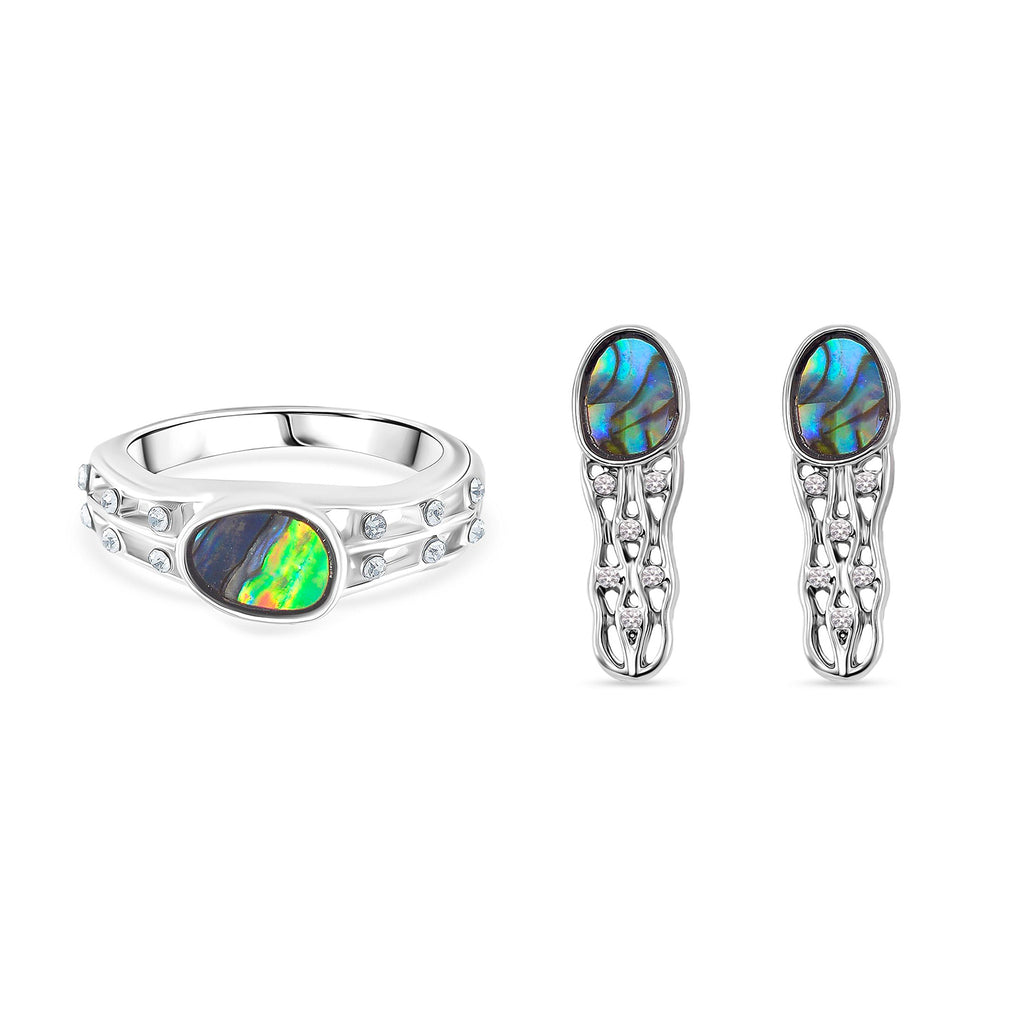 J Francis gefertigt mit SWAROVSKI- Abalone Muschel und weißer Kristall Ring und Ohrringe