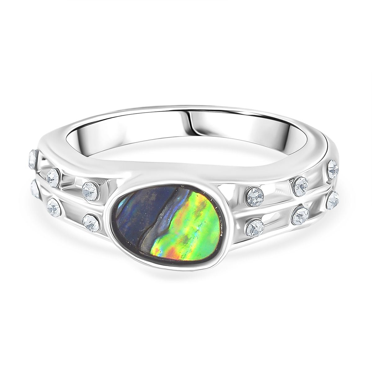 J Francis gefertigt mit SWAROVSKI- Abalone Muschel und weißer Kristall Ring und Ohrringe
