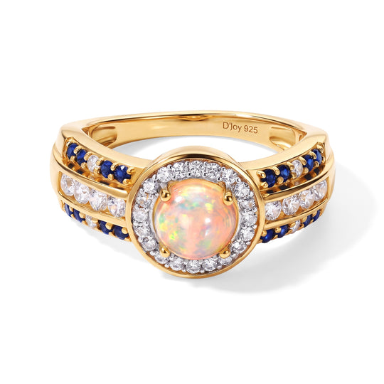 D'Joy AAA Natürlicher, äthiopischer Welo Opal, Weißer Zirkon Ring 925 Silber 750 Gelbgold vermeil (Größe 18.00) ca. 1,86 ct