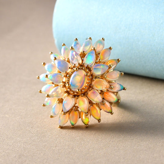 Natürlicher, äthiopischer Opal Blumen-Ring, 925 Silber Gelbgold Vermeil (Größe 16.00) ca. 3.74 ct