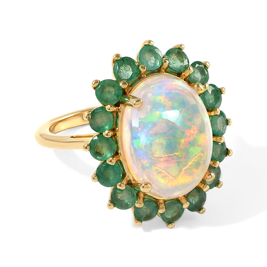 D'Joy AAA Natürlicher, äthiopischer Welo Opal, Kagem Sambischer Smaragd Ring 925 Silber 750 Gelbgold vermeil (Größe 17.00)  (9-14 Werktage Lieferzeit) ca. 6,01 ct
