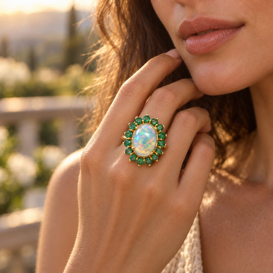 D'Joy AAA Natürlicher, äthiopischer Welo Opal, Kagem Sambischer Smaragd Ring 925 Silber 750 Gelbgold vermeil (Größe 17.00)  (9-14 Werktage Lieferzeit) ca. 6,01 ct