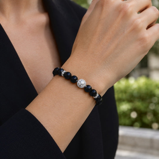 EVER TRUE Schwarzer Achat, Österreichischer Weißkristall Armband ca. BR-Stretch cm Nickelfreies Messing Platiniert 82.00 ct