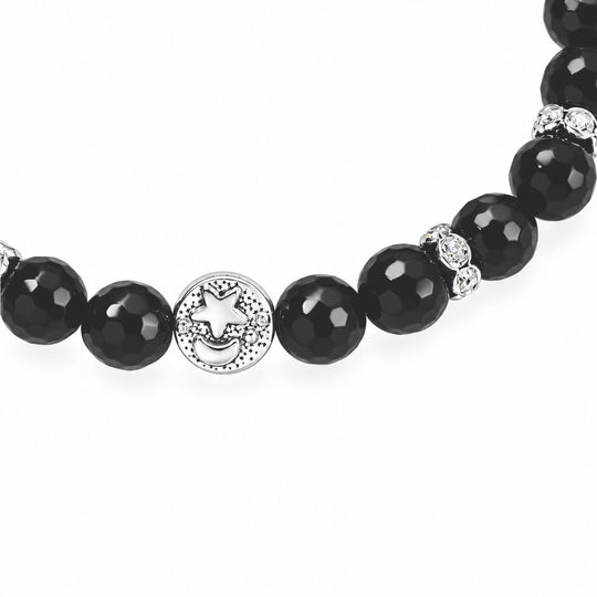 EVER TRUE Schwarzer Achat, Österreichischer Weißkristall Armband ca. BR-Stretch cm Nickelfreies Messing Platiniert 82.00 ct