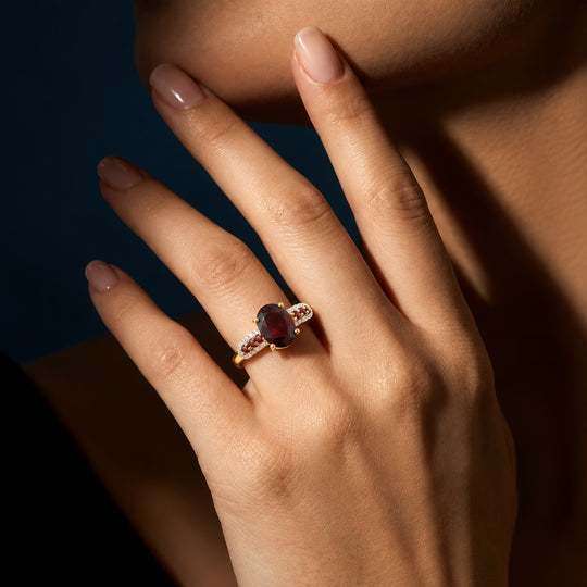 D'Joy DAS GRÖßTE SOLITÄR AA Natürlicher Rhodolith Granat Ring 925 Silber 750 Gelbgold vermeil (Größe 17.00) ca. 3.53 ct