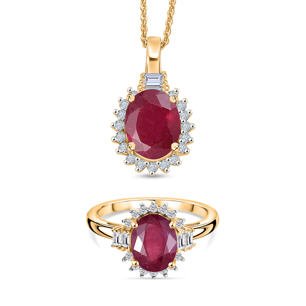 D'Joy afrikanischer Rubin, weißer Topas und Zirkon Ring und Anhänger mit 50cm Kette
