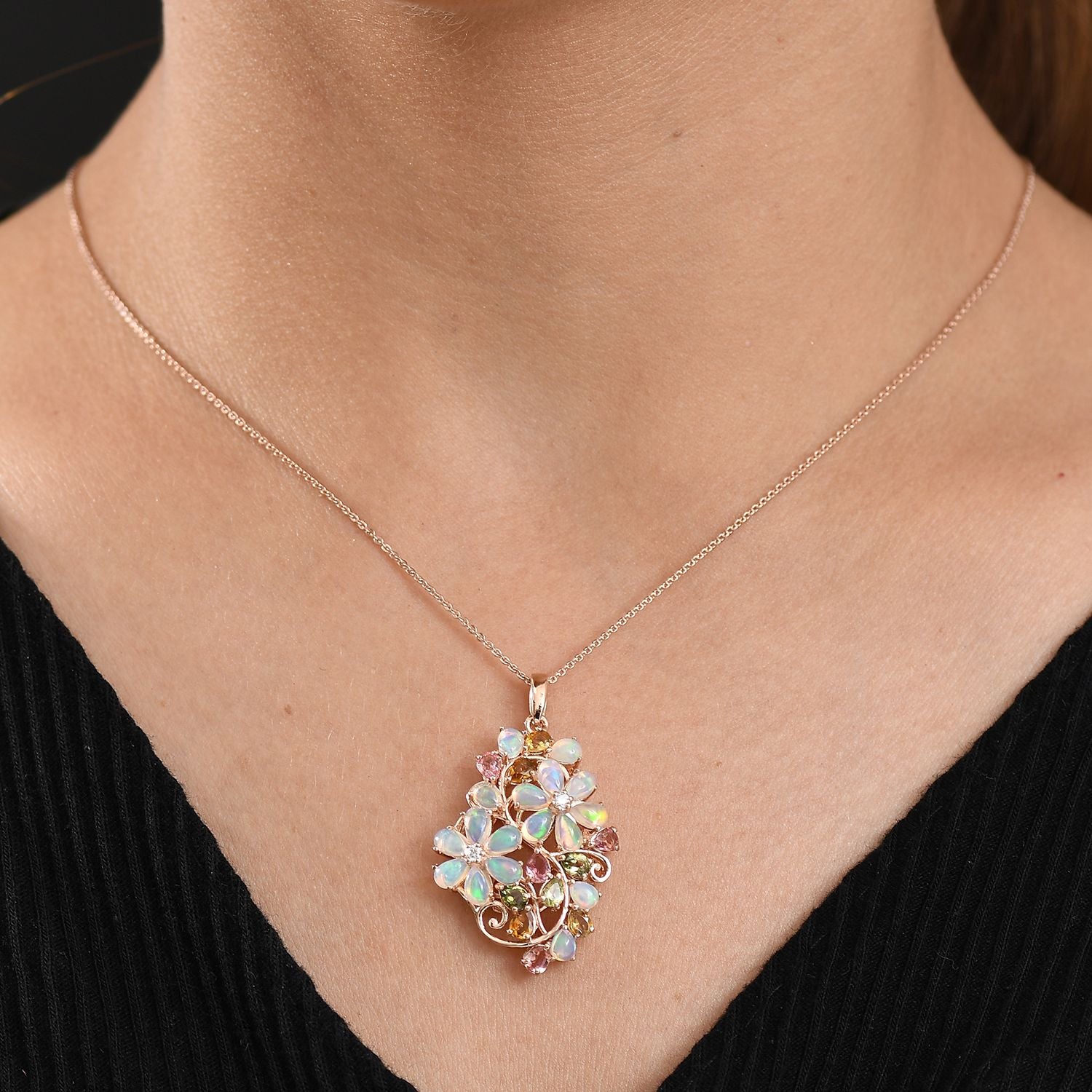 D'Joy äthiopischer Welo Opal Multi-Turmalin und Moissanit Ring und Anhänger mit 50cm Kette