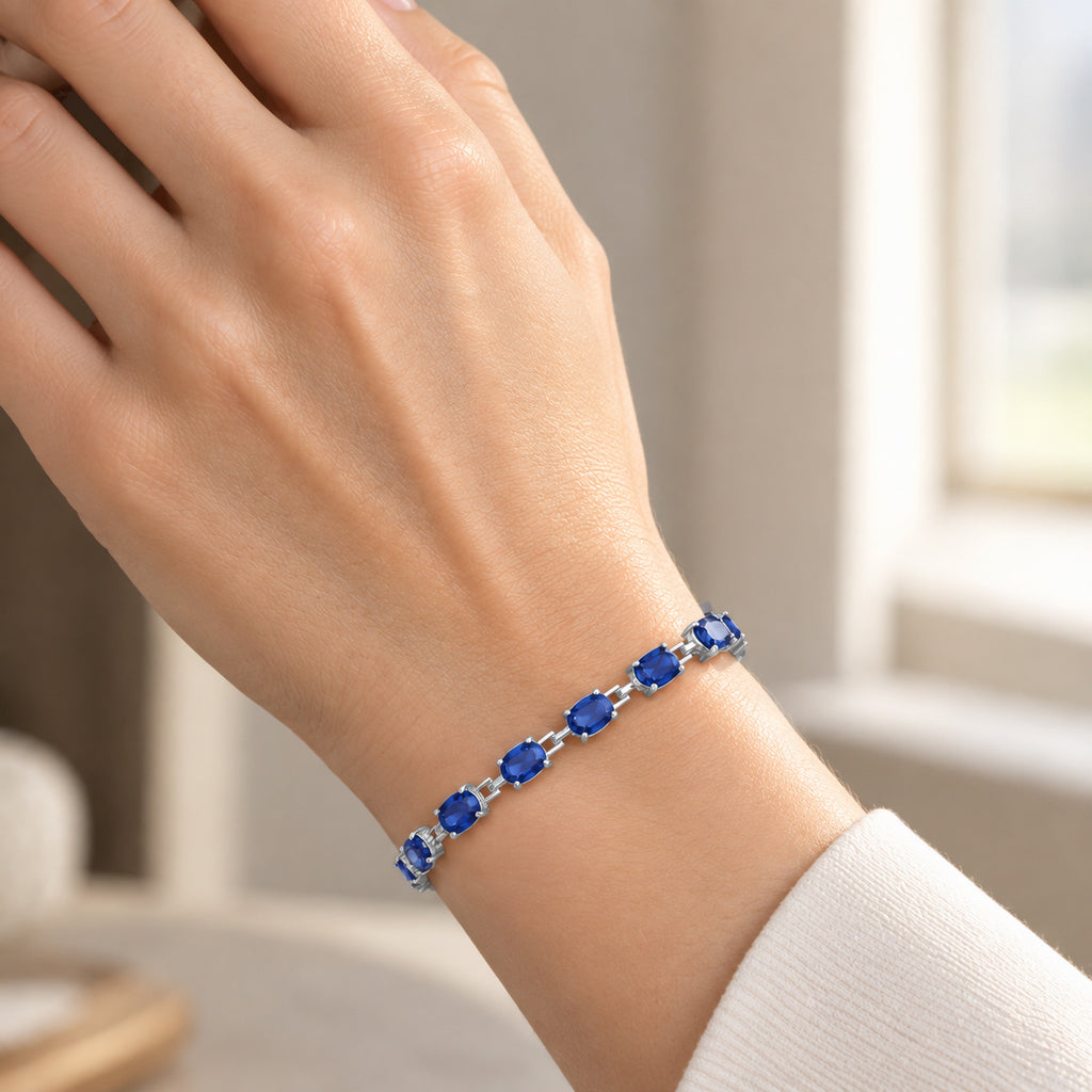 Laborgezüchteter Ceylon-Blau-Saphir Armband ca. 19 cm 925 Silber Rhodiniert ca. 12,92 ct.
