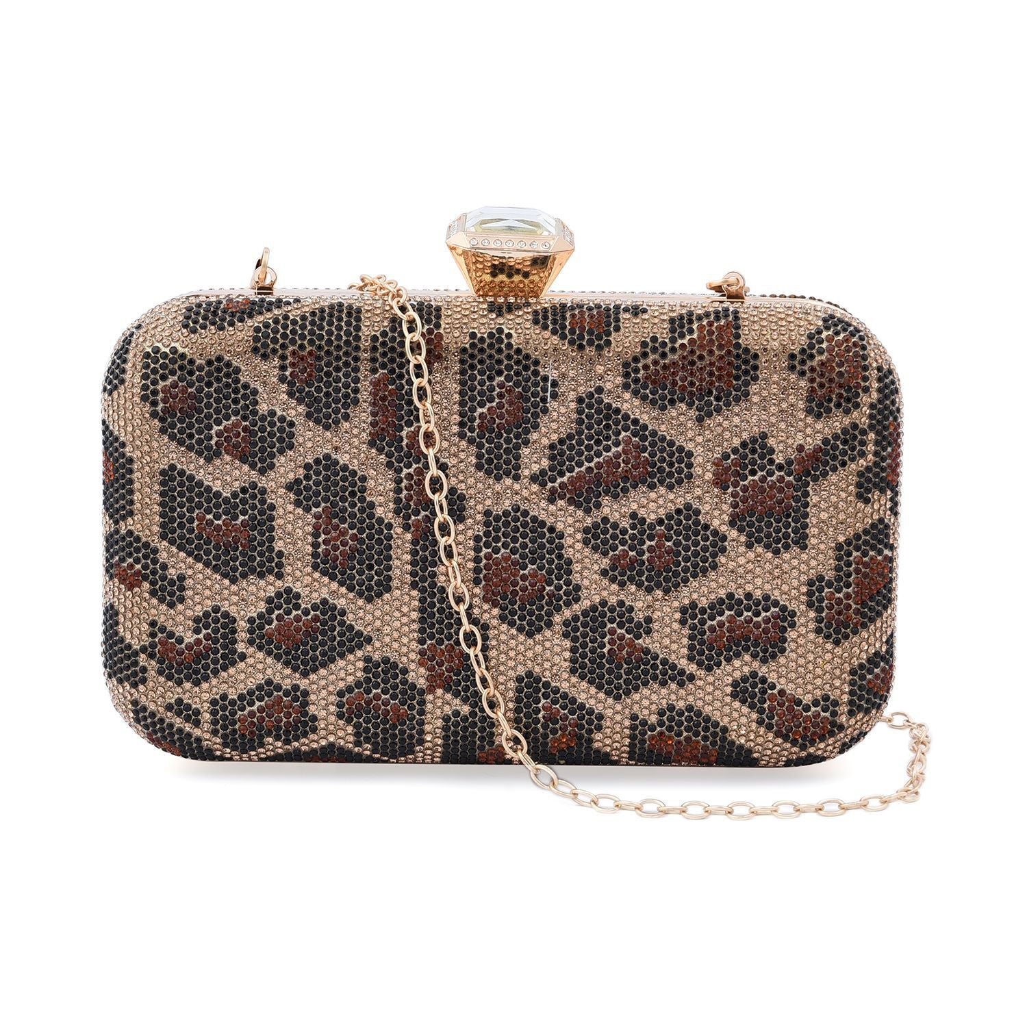Moderne Clutch verziert mit facettierten Kristallen, 20x4x2cm, Leopard