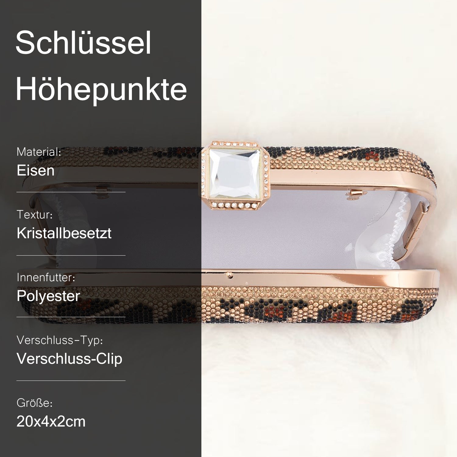 Moderne Clutch verziert mit facettierten Kristallen, 20x4x2cm, Leopard