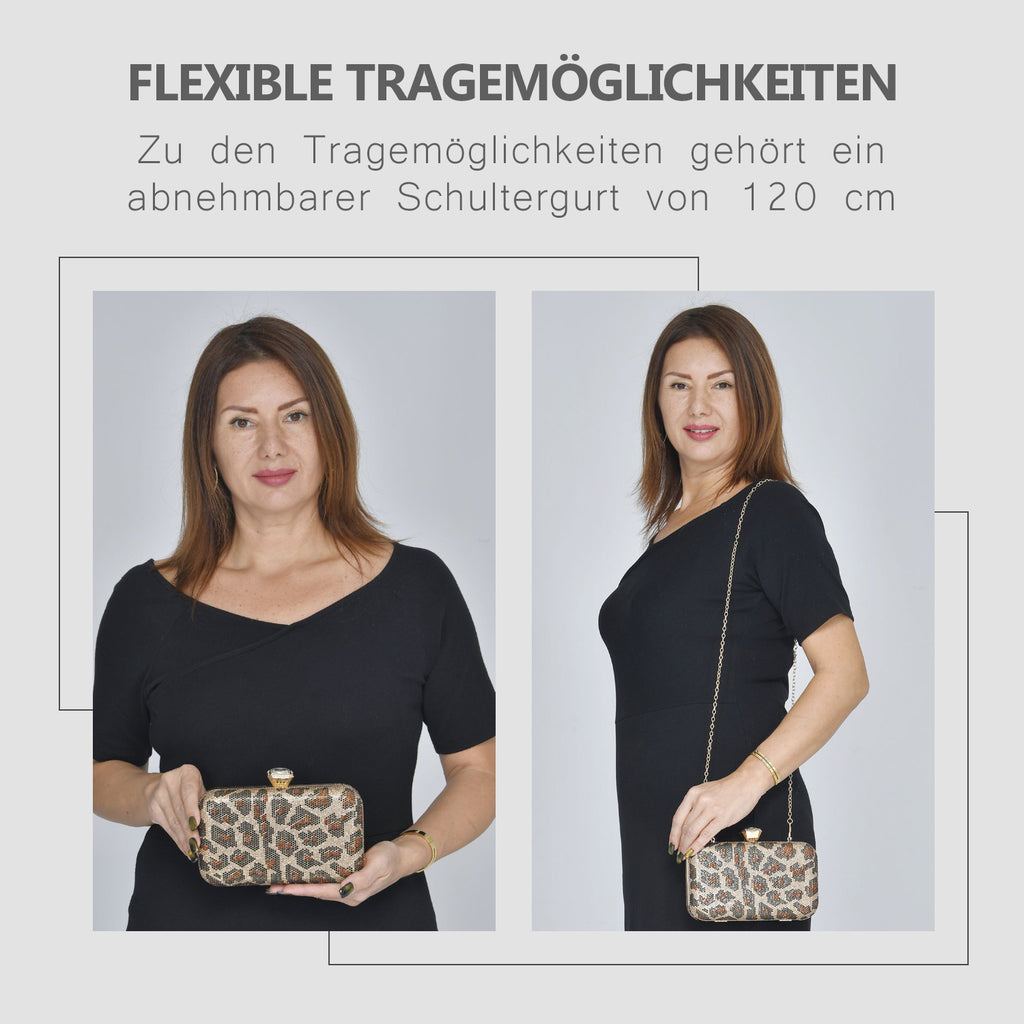Moderne Clutch verziert mit facettierten Kristallen, 20x4x2cm, Leopard