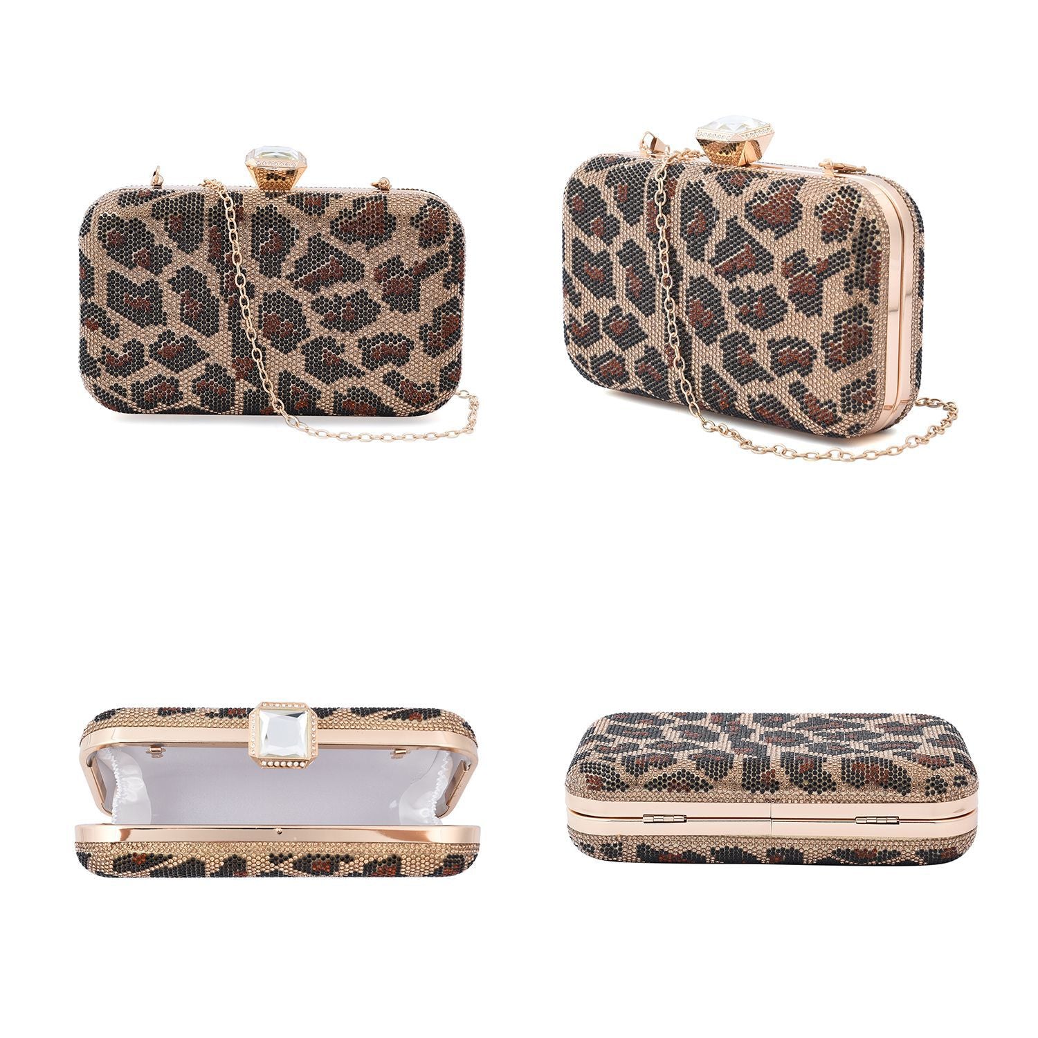 Moderne Clutch verziert mit facettierten Kristallen, 20x4x2cm, Leopard