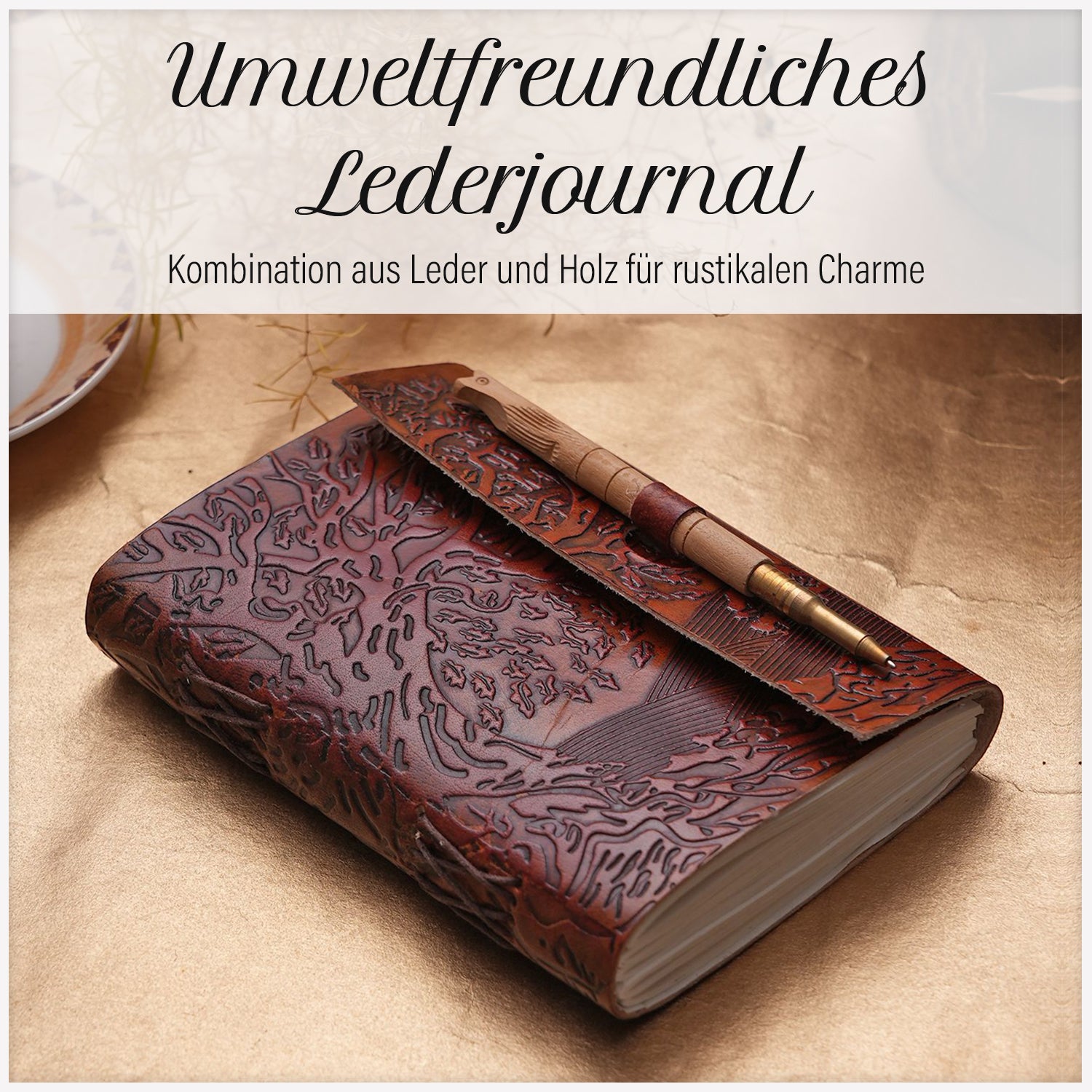 Handgefertigtes Lebensbaum-Journal aus 100% echtem Leder mit Holzstift, rot