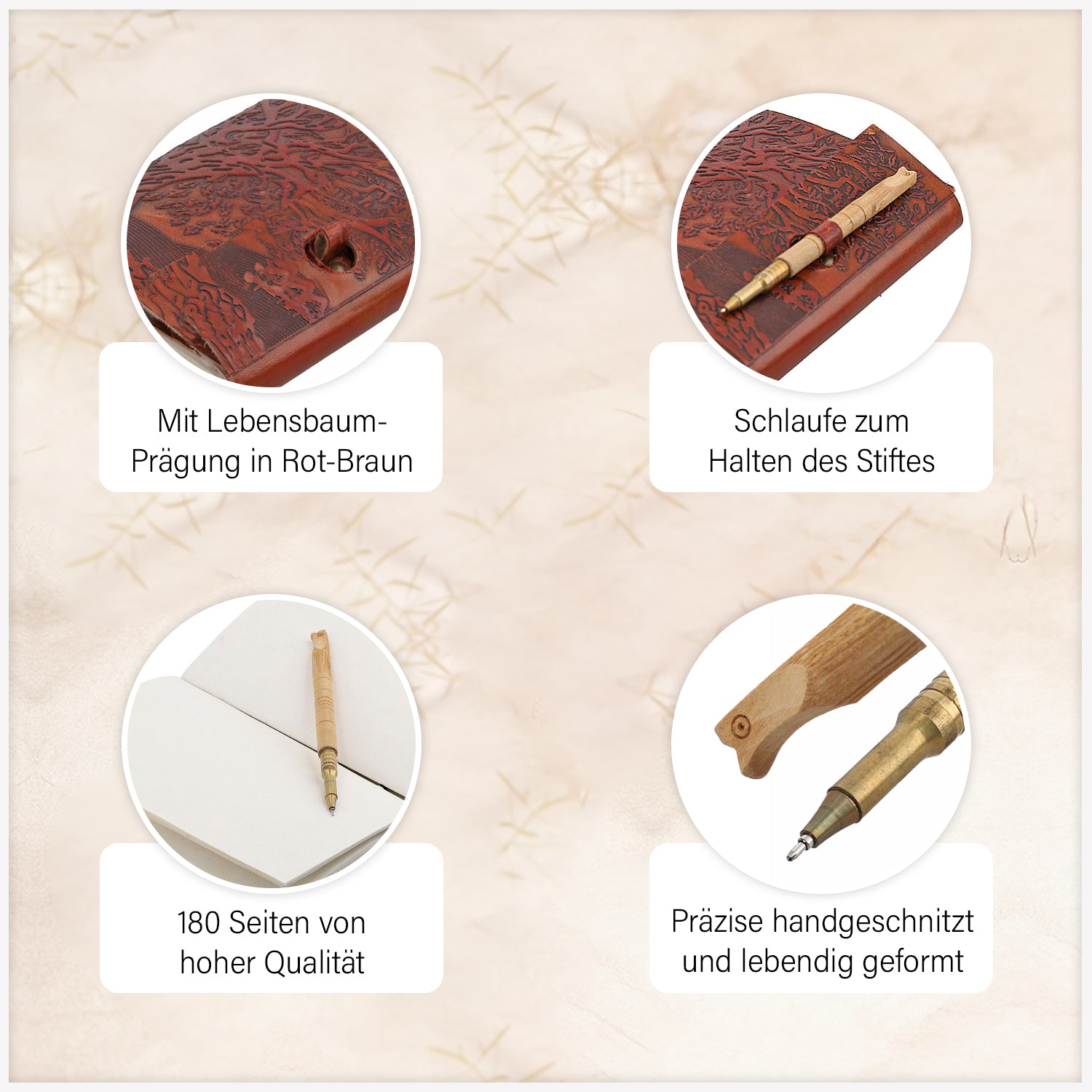 Handgefertigtes Lebensbaum-Journal aus 100% echtem Leder mit Holzstift, rot