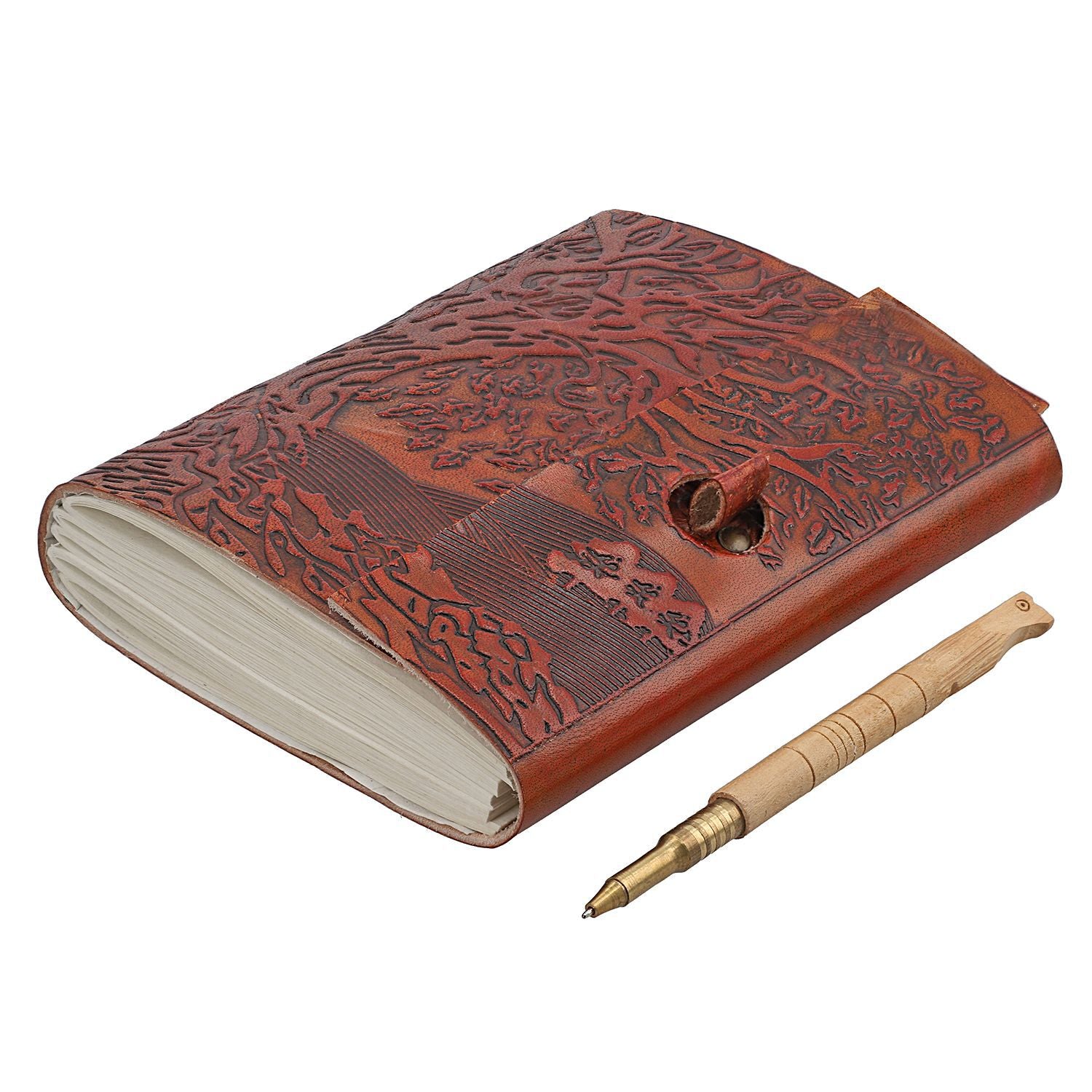 Handgefertigtes Lebensbaum-Journal aus 100% echtem Leder mit Holzstift, rot