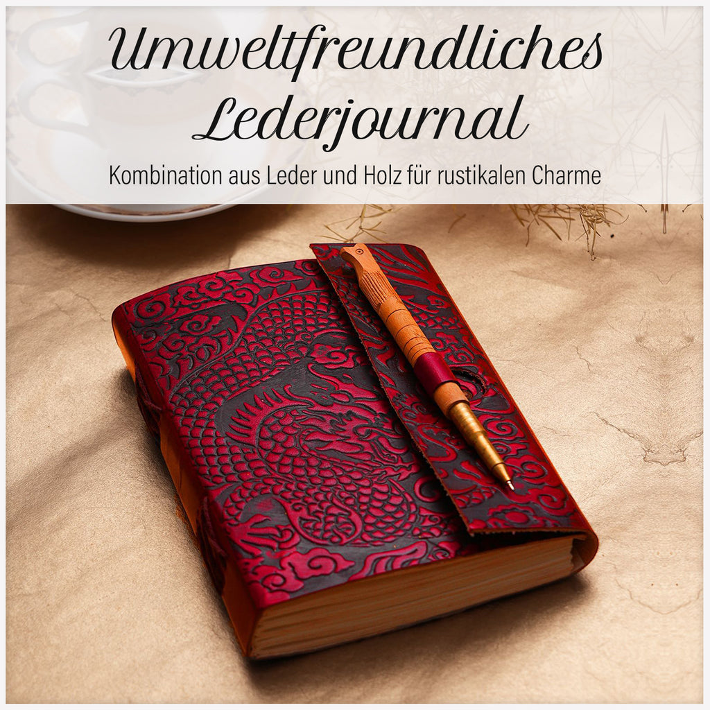 Handgefertigtes Journal mit Drachenprägung aus 100% echtem Leder mit Holzstift, Braun