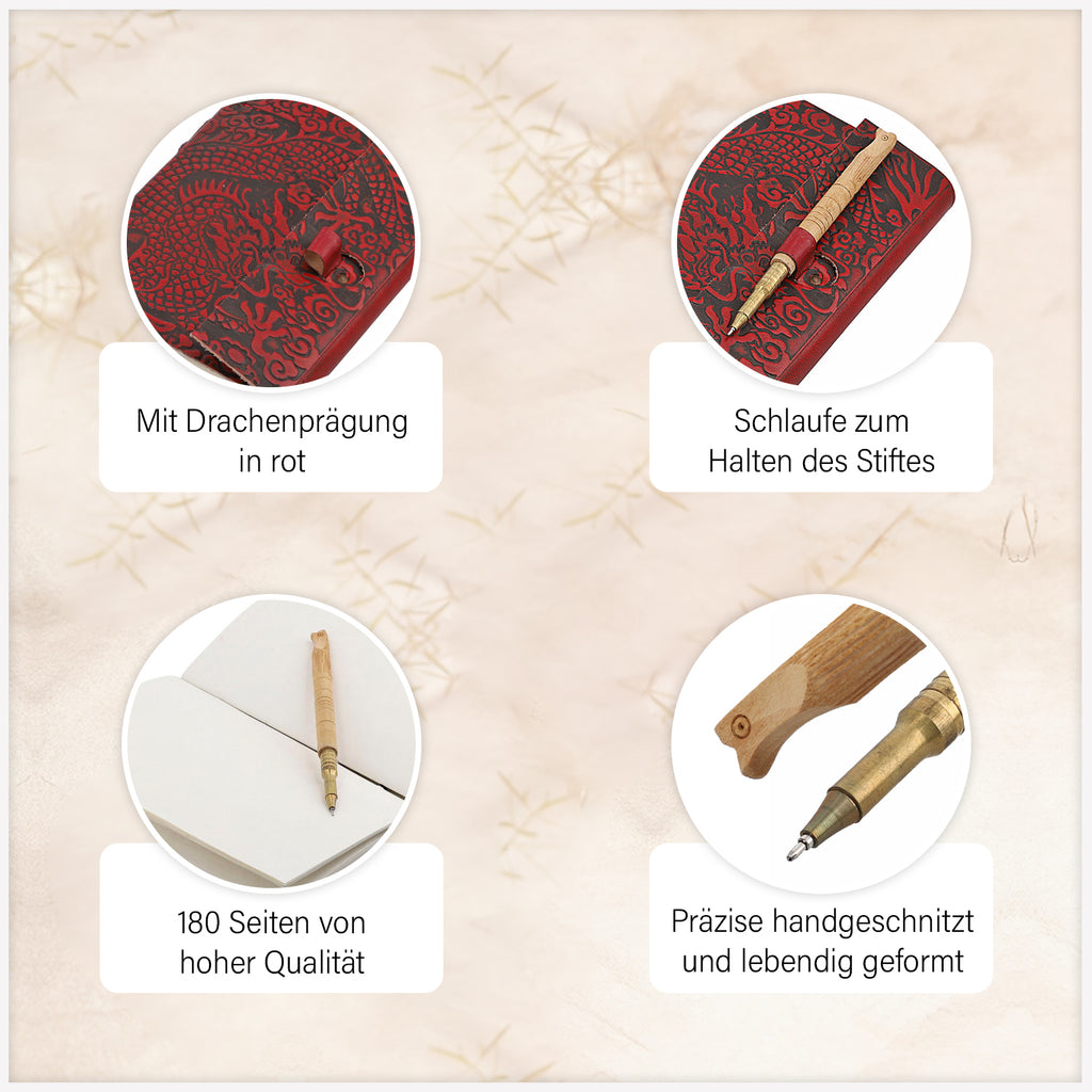 Handgefertigtes Journal mit Drachenprägung aus 100% echtem Leder mit Holzstift, Braun