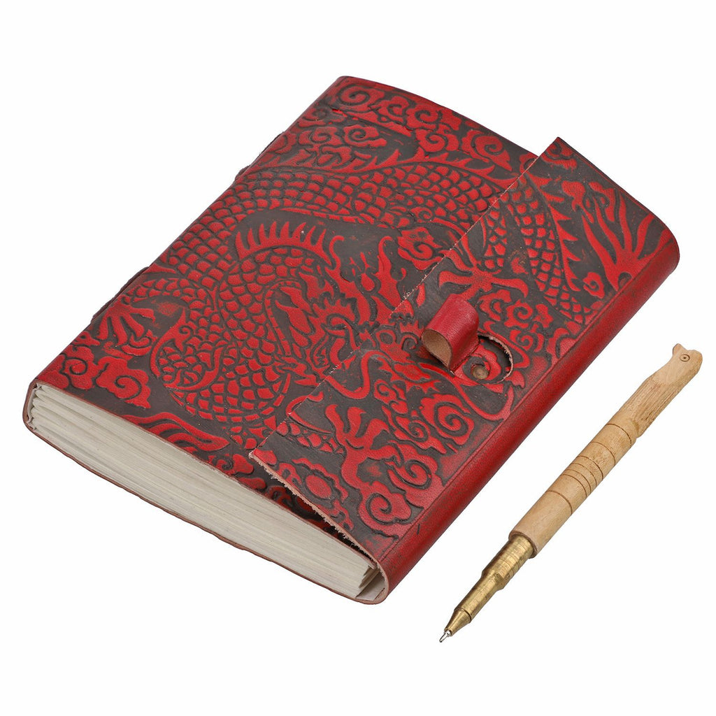 Handgefertigtes Journal mit Drachenprägung aus 100% echtem Leder mit Holzstift, Braun