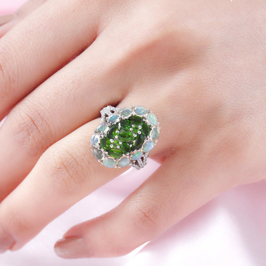Natürlicher Chromdiopsid und Opal-Ring, 925 Silber platiniert ca. 3.58 ct