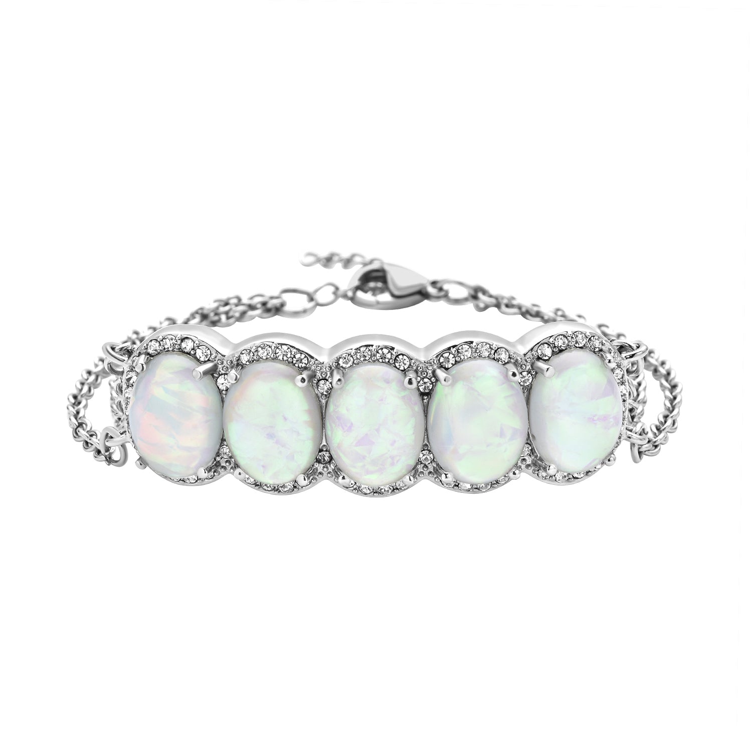Künstliches, weißes Opal und Kristall-Armband, ca. 18+2.5 cm, silberfarben, ca. 7.00 ct