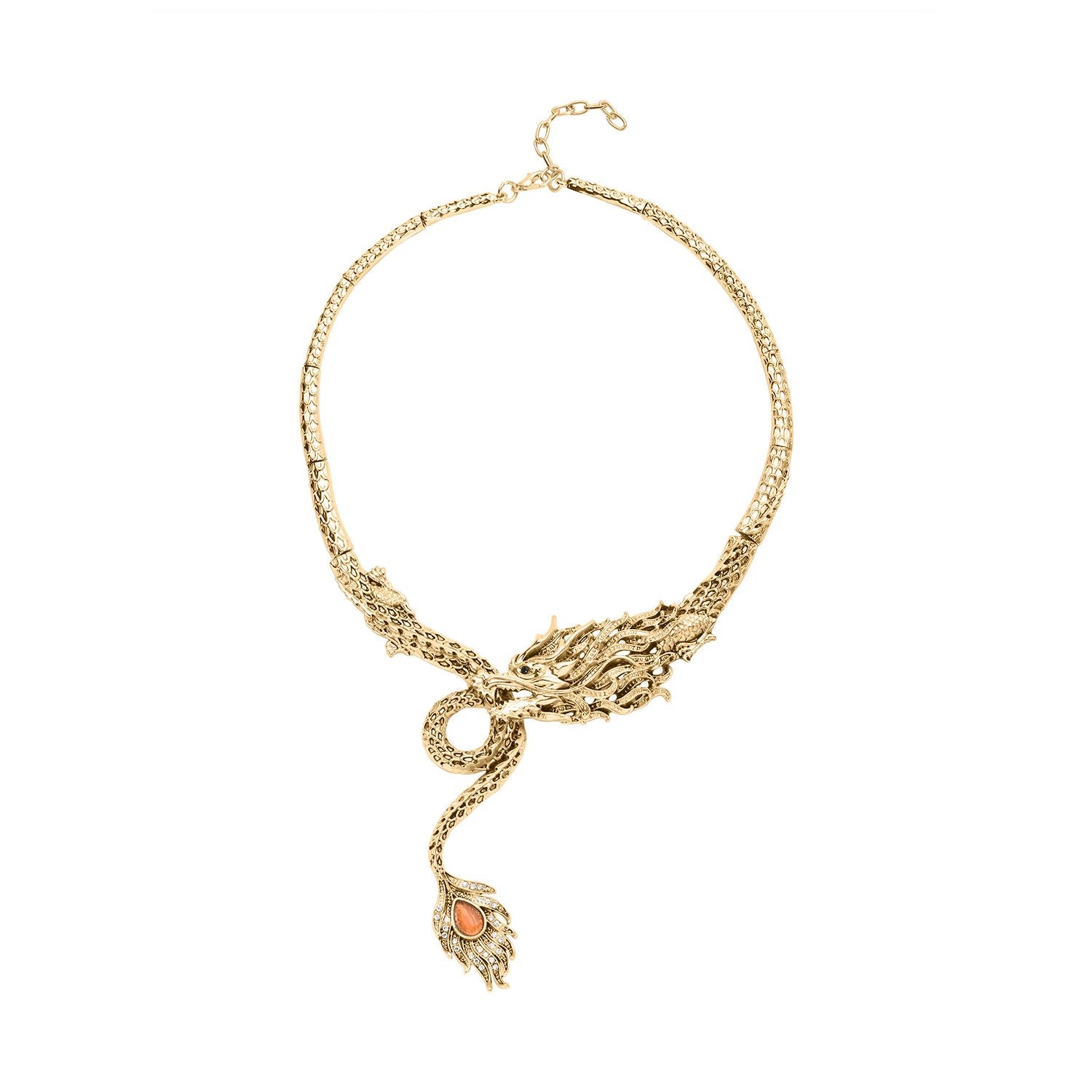 Künstliche, orange Katzenauge und weiße Kristall Drachen-Halskette, ca. 40.5 cm, Antikes Gold ca. 0,60 ct