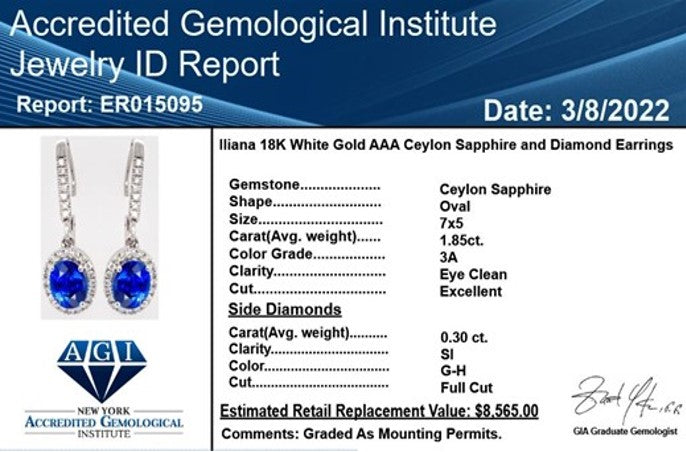 Iliana AAA Ceylon-Saphir und weiße Diamant-Ohrringe, SI G-H, 750 weiß Gold ca. 2,15 ct