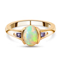 Natürlicher, äthiopischer Opal und Tansanit-Ring, 925 Silber vergoldet (Größe 16.00) ca. 1,05 ct