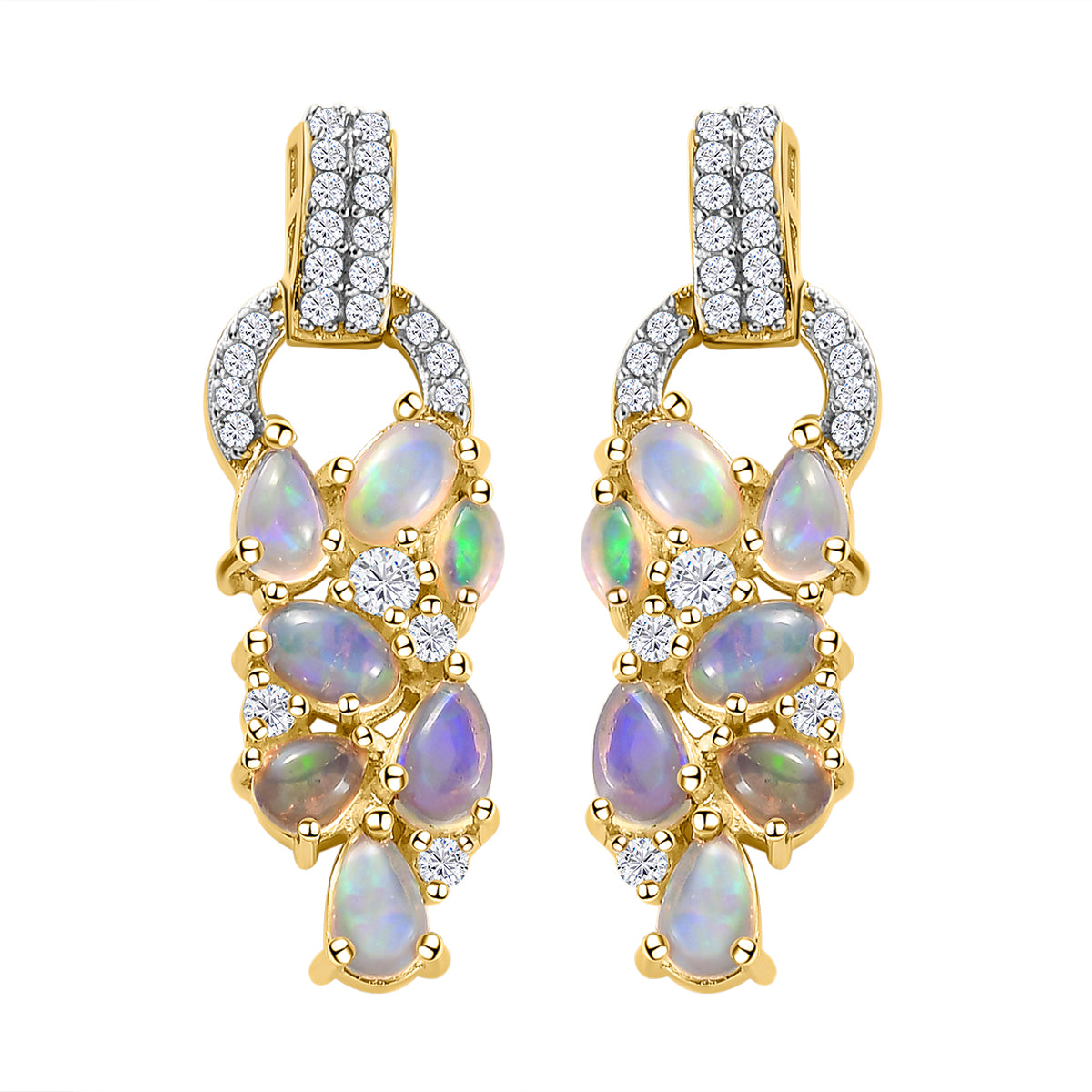 Natürliche, äthiopische Opal und weiße Zirkon-Ohrringe, 925 Silber, Gelbgold Vermeil  ca. 2,46 ct