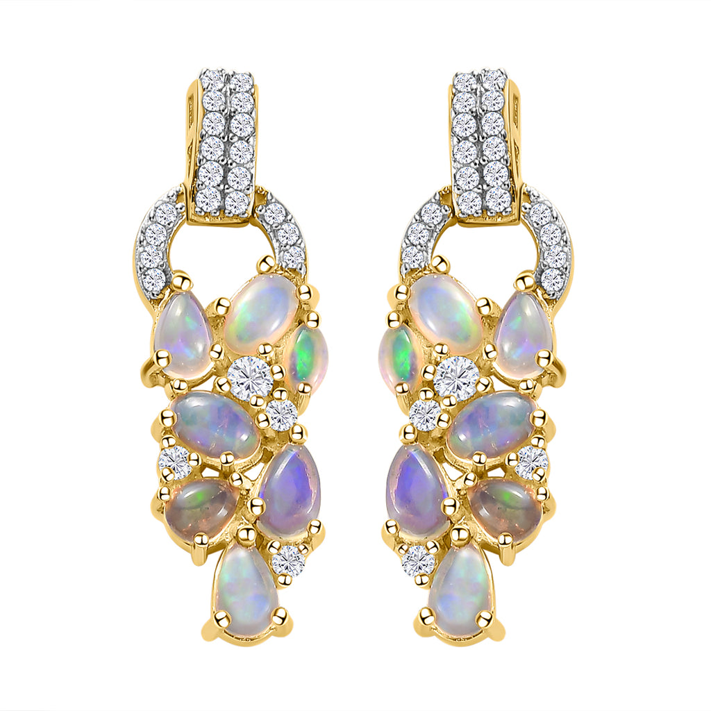Natürliche, äthiopische Opal und weiße Zirkon-Ohrringe, 925 Silber, Gelbgold Vermeil  ca. 2,46 ct