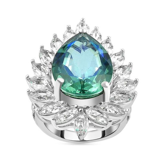 Pfau Triplette Quarz und weißer Topas-Ring, 925 Silber platiniert ca. 15.54 ct