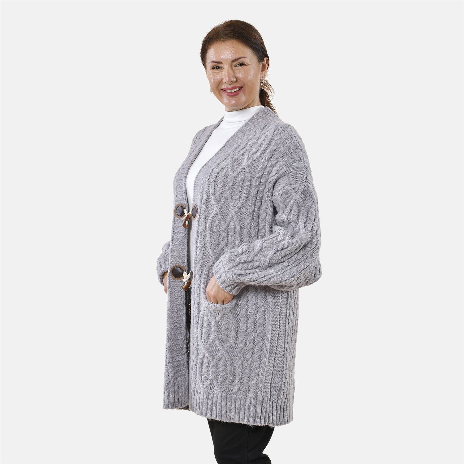 Lange Strickjacke mit Schlaufe, 87x44x60cm, grau
