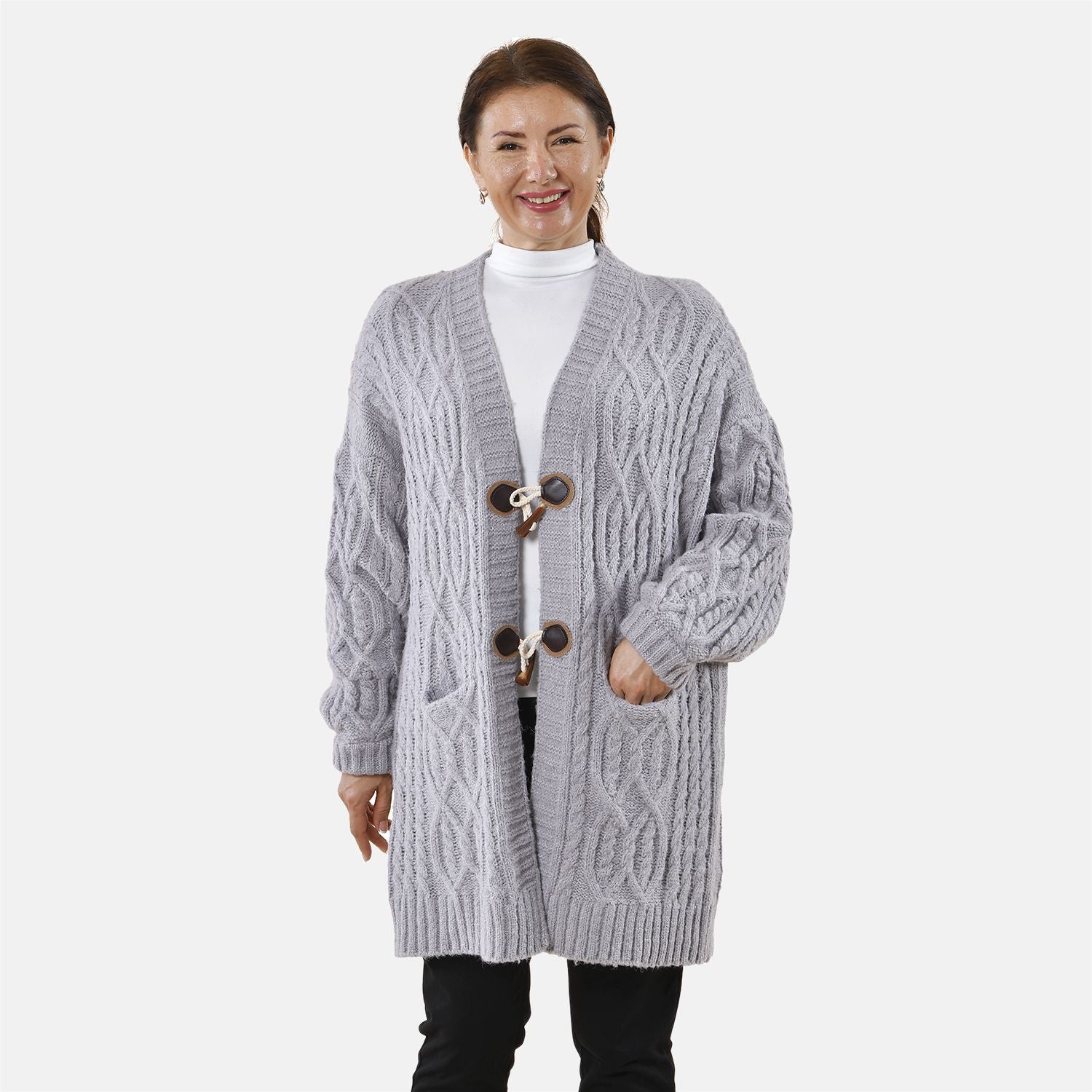 Lange Strickjacke mit Schlaufe, 87x44x60cm, grau