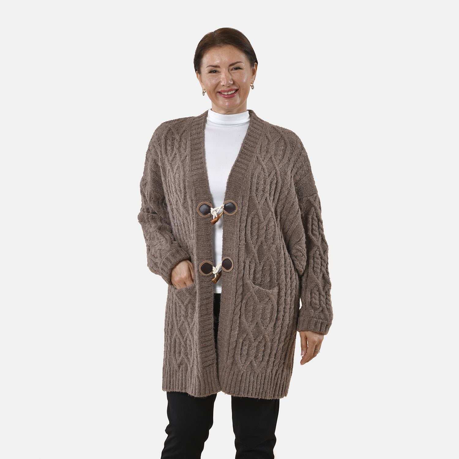 Lange Strickjacke mit Schlaufe, 87x44x60, Braun