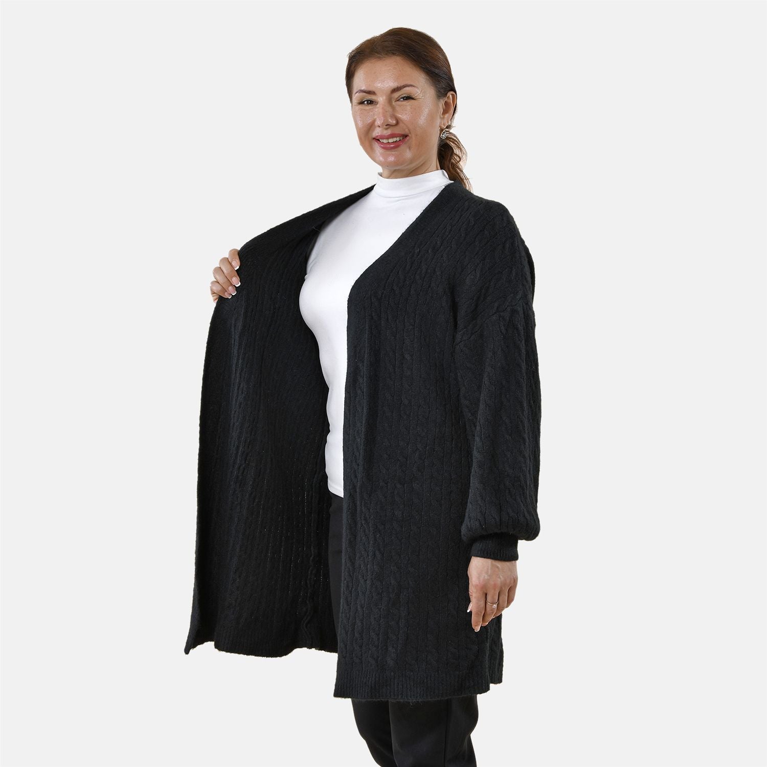 Gestrickter Cardigan mit Zopfmuster, 83x41x53cm, Schwarz