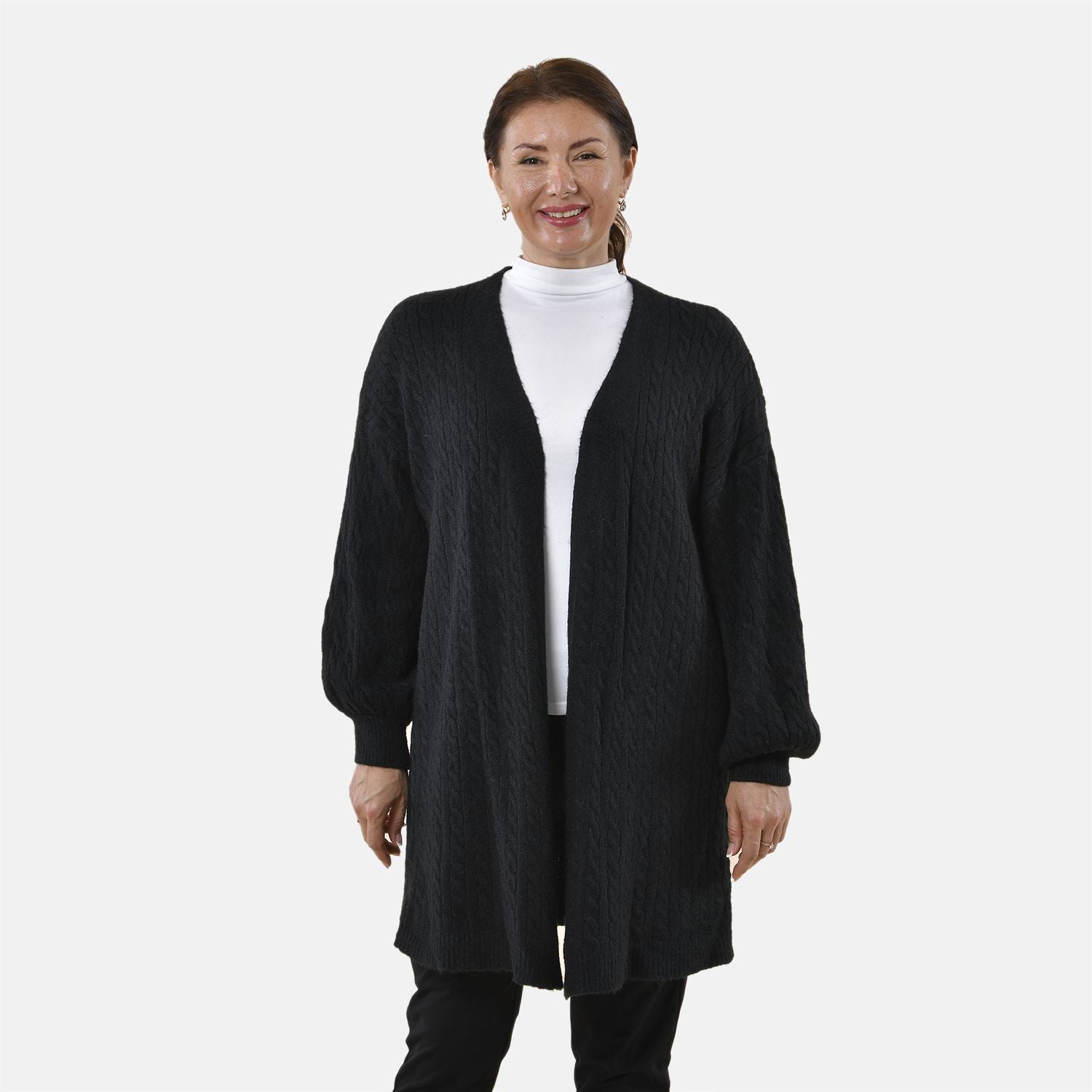 Gestrickter Cardigan mit Zopfmuster, 83x41x53cm, Schwarz