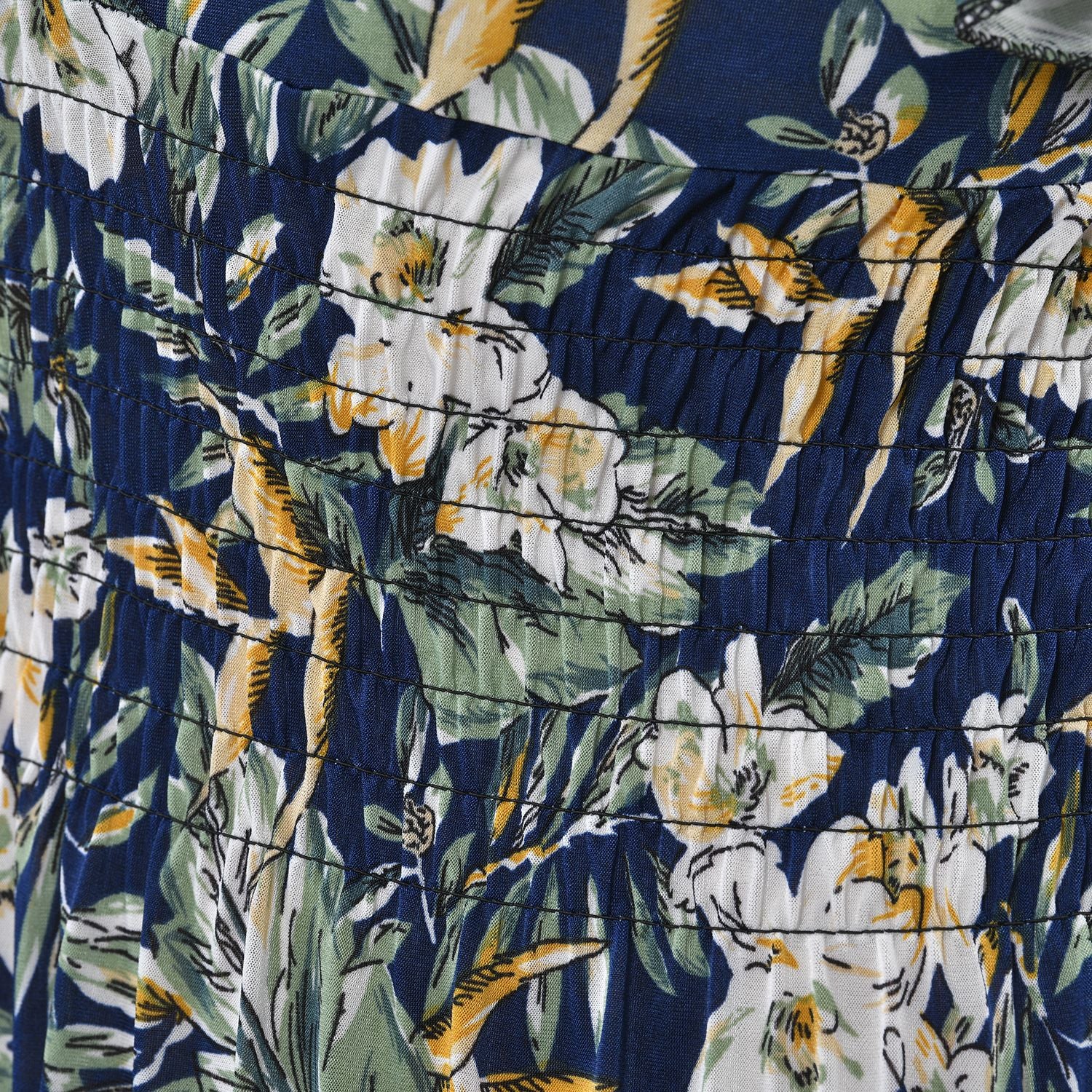 Midaxi-Kleid mit gesmokter Taille und Flatterärmeln, One Size, blau mit grünen Blumen