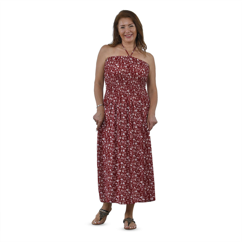 Maxikleid mit gesmokter Taille, One Size, rot mit weißen Blumen
