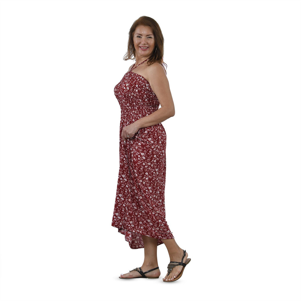 Maxikleid mit gesmokter Taille, One Size, rot mit weißen Blumen